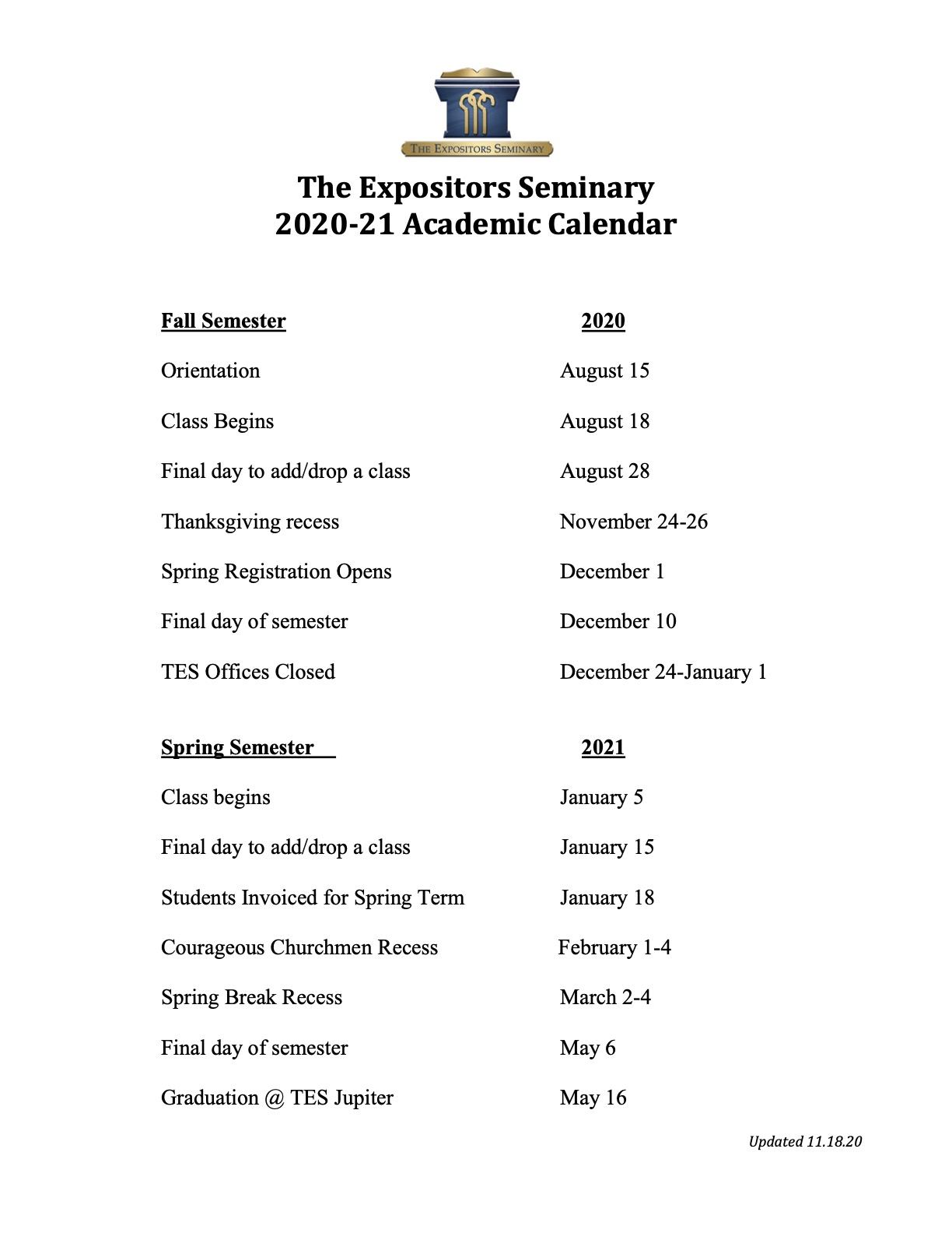 Academic Calendar Expositors Seminary