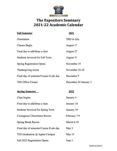 Academic Calendar - Expositors Seminary